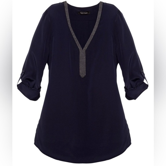 NWT - White House Black Market Beaded Silk Tunic in Classic Navy - Size 2 - Picture 4 of 9